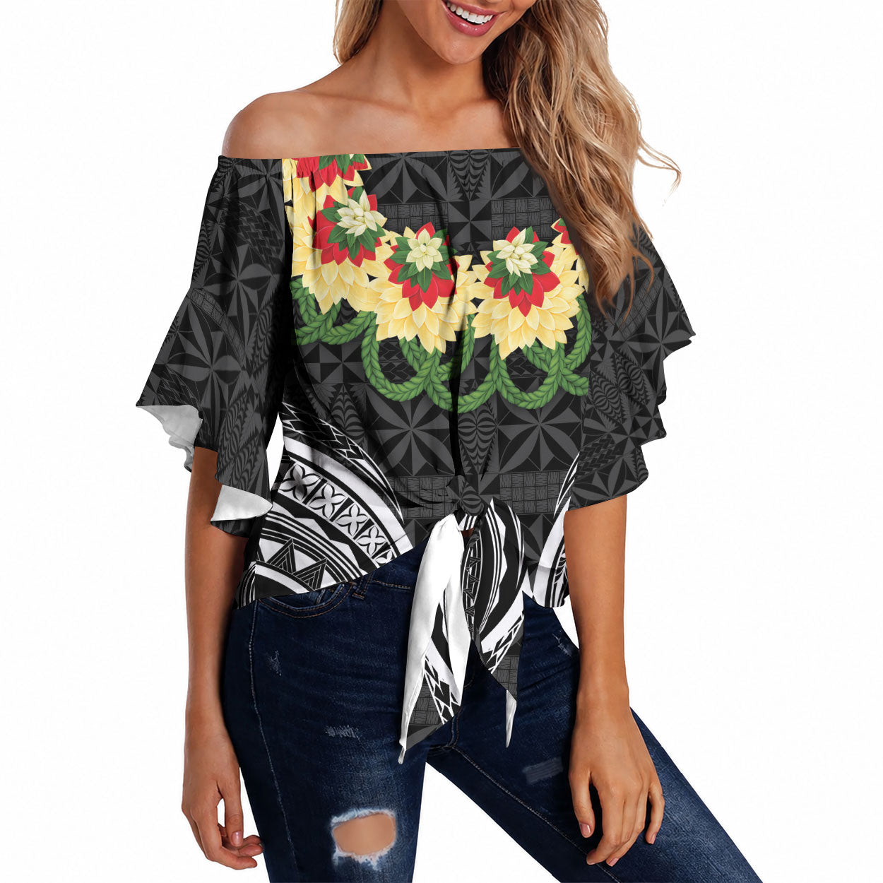 Black Tonga Ngatu Kahoa Lei Off Shoulder Wrap Waist Top LT14 Black - Polynesian Pride