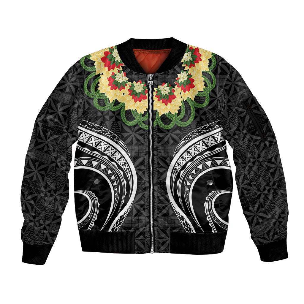 Black Tonga Ngatu Kahoa Lei Sleeve Zip Bomber Jacket LT14 Unisex Black - Polynesian Pride