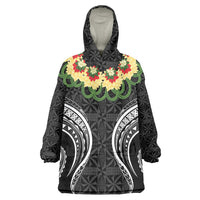 Black Tonga Ngatu Kahoa Lei Wearable Blanket Hoodie LT14 One Size Black - Polynesian Pride