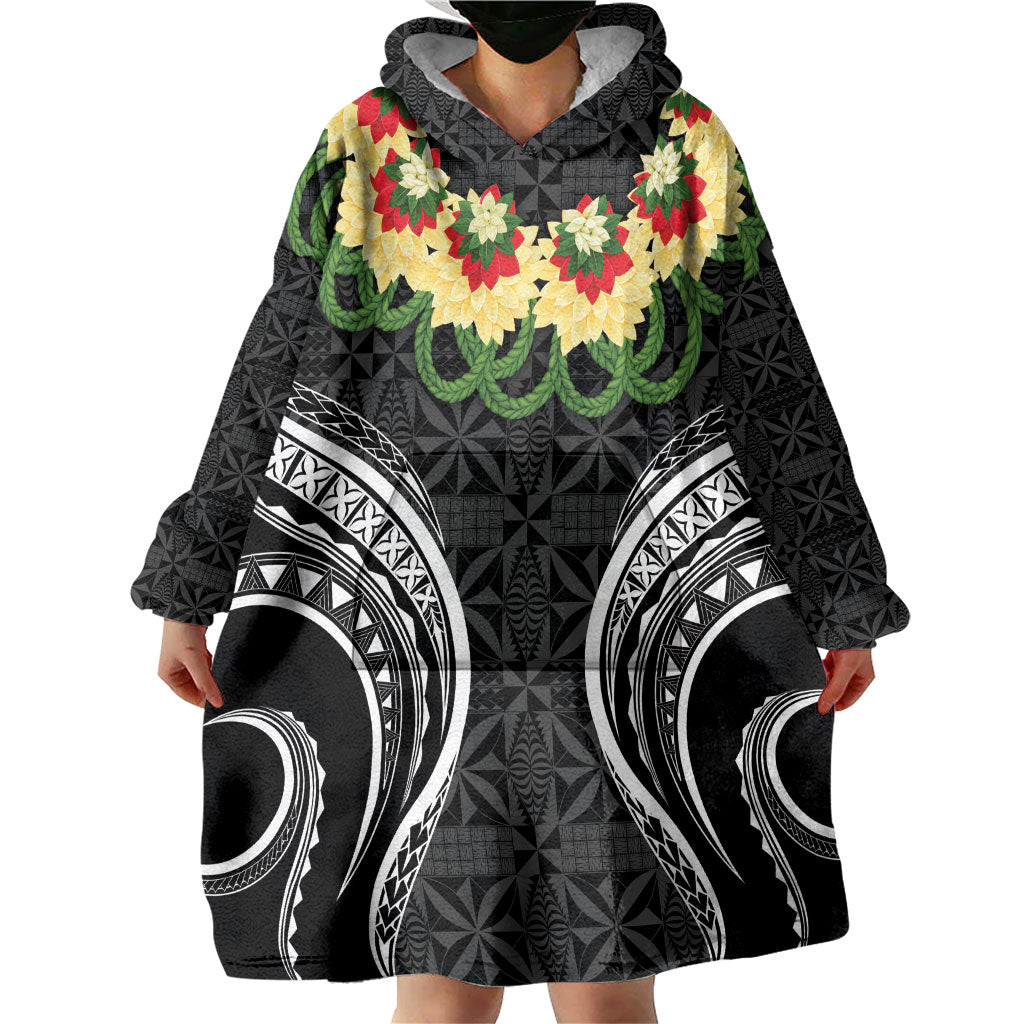 Black Tonga Ngatu Kahoa Lei Wearable Blanket Hoodie LT14 - Polynesian Pride