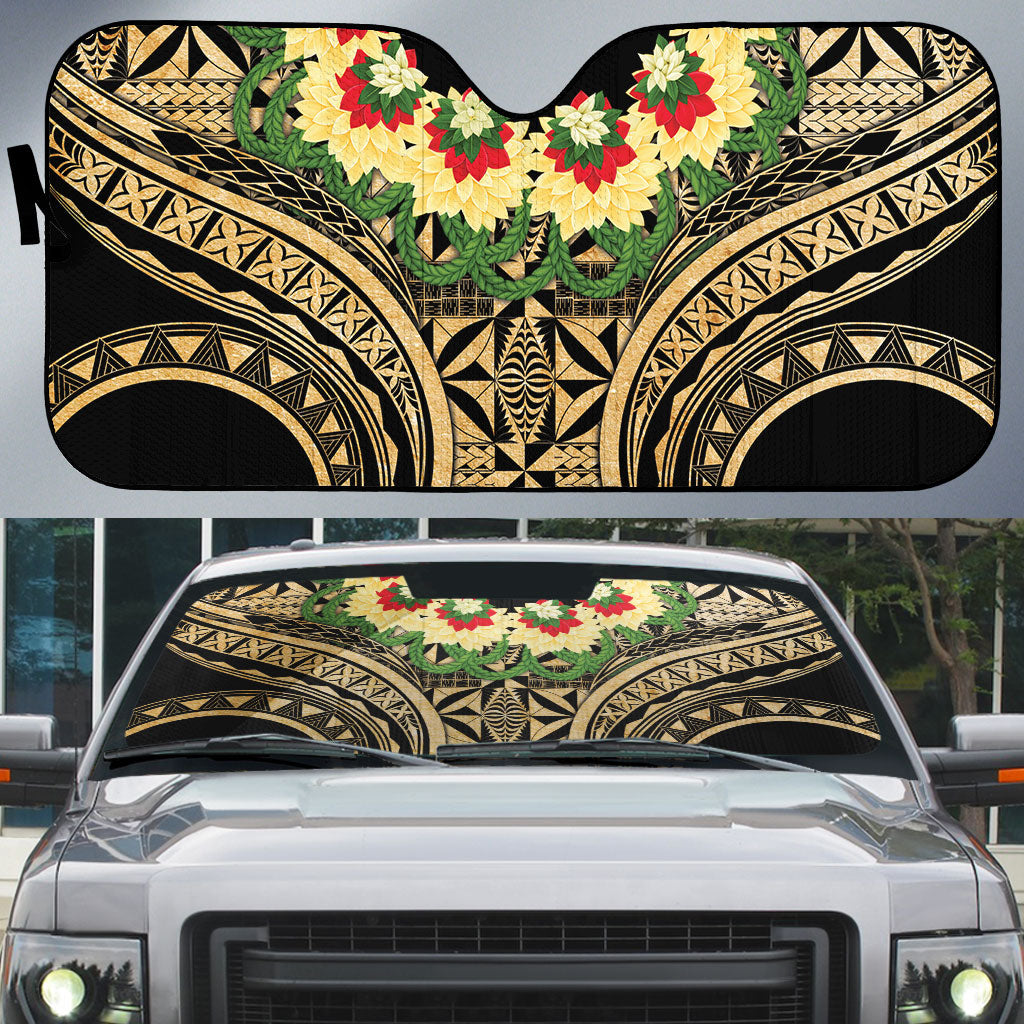 Grunge Gold Tonga Ngatu Kahoa Lei Auto Sun Shade LT14 Gold - Polynesian Pride