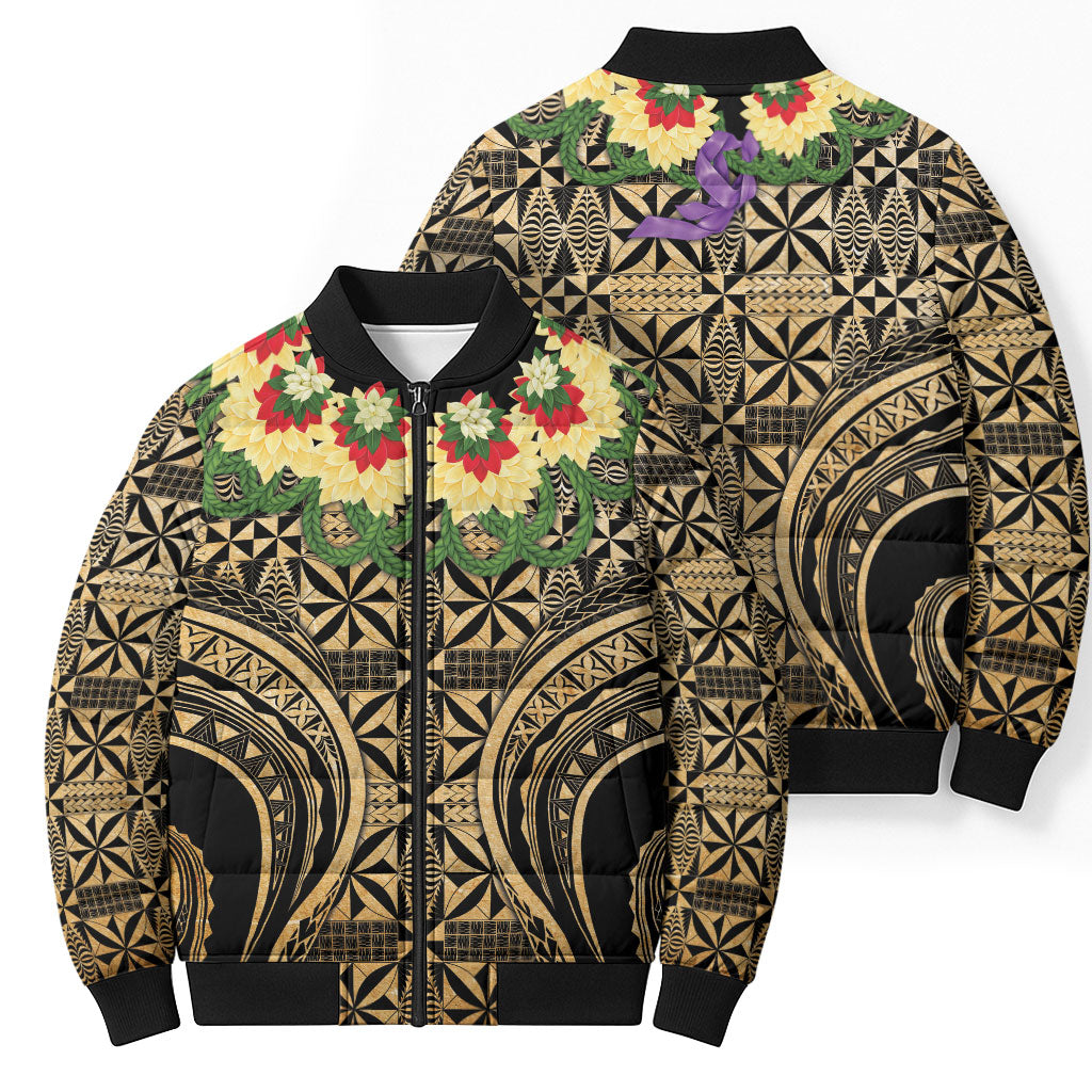 Grunge Gold Tonga Ngatu Kahoa Lei Bomber Puffer Jacket LT14 - Polynesian Pride