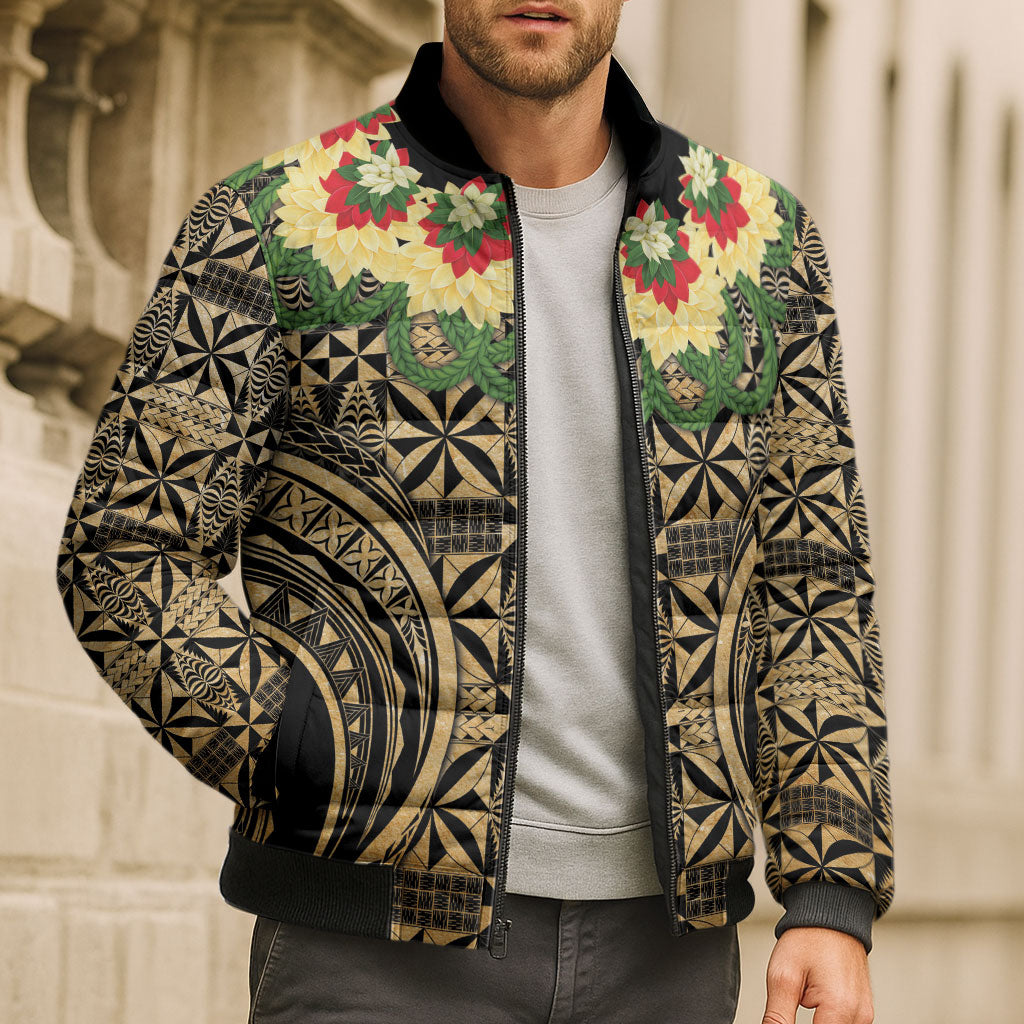 Grunge Gold Tonga Ngatu Kahoa Lei Bomber Puffer Jacket LT14 - Polynesian Pride