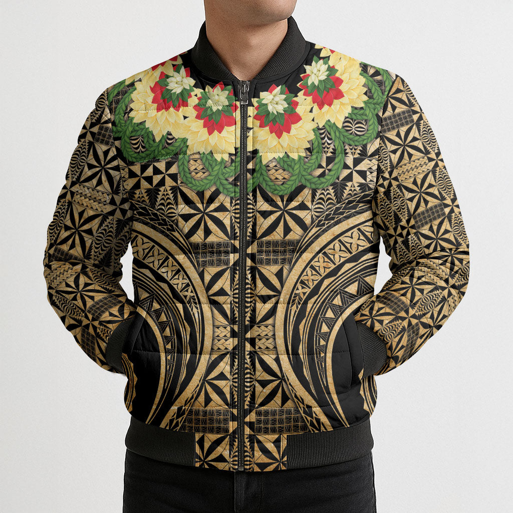 Grunge Gold Tonga Ngatu Kahoa Lei Bomber Puffer Jacket LT14 - Polynesian Pride
