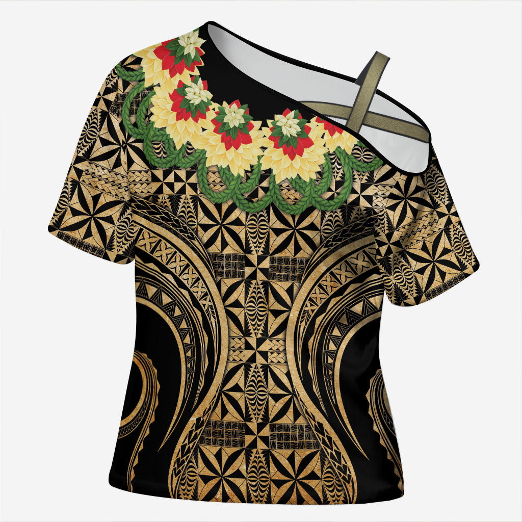 Grunge Gold Tonga Ngatu Kahoa Lei Cross Shoulder Shirt LT14 Female Gold - Polynesian Pride