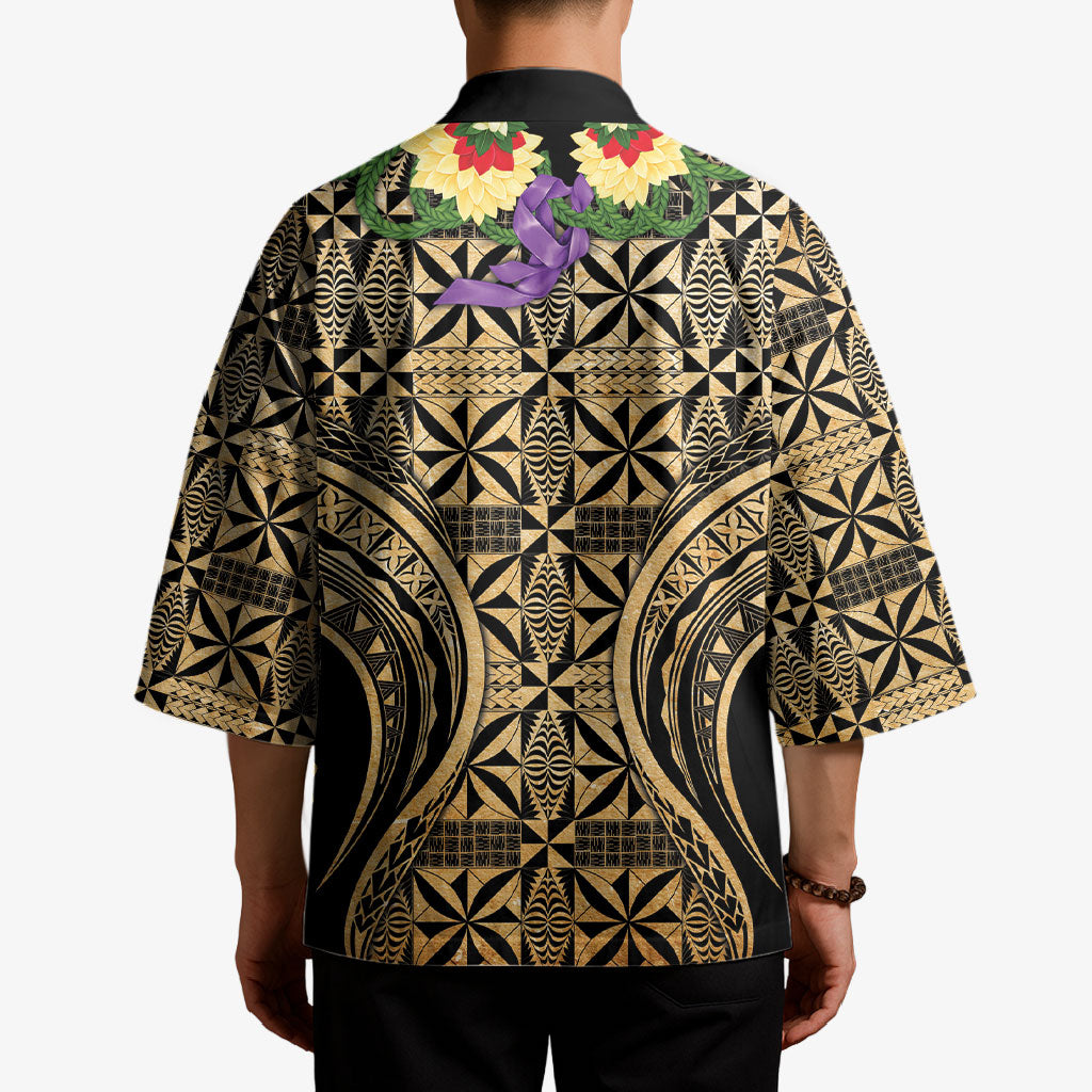 Grunge Gold Tonga Ngatu Kahoa Lei Kimono LT14 - Polynesian Pride