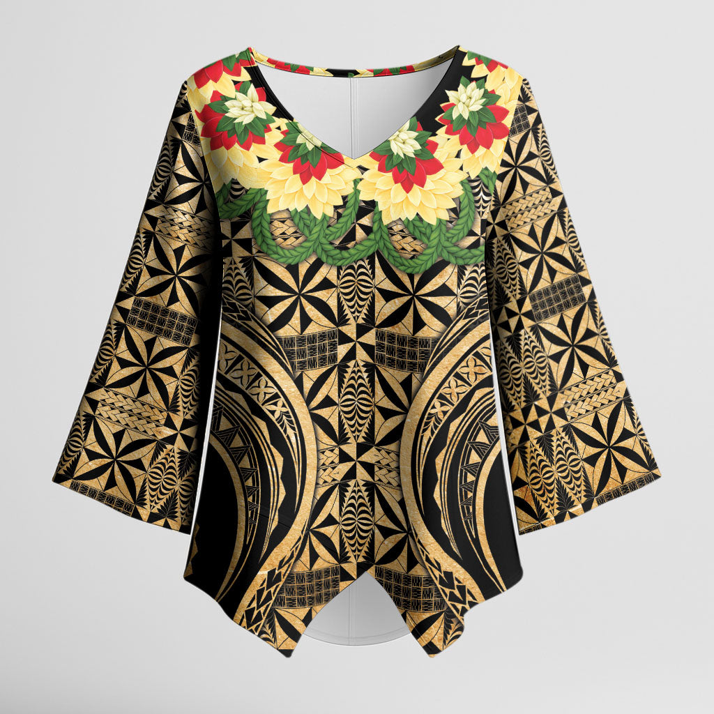 Grunge Gold Tonga Ngatu Kahoa Lei Kimono Sleeve Blouse LT14 Female Gold - Polynesian Pride