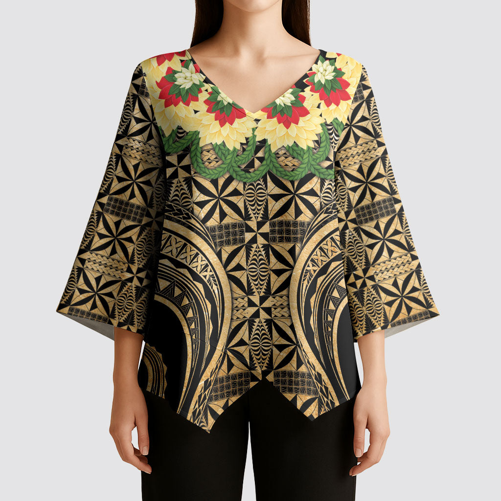 Grunge Gold Tonga Ngatu Kahoa Lei Kimono Sleeve Blouse LT14 - Polynesian Pride