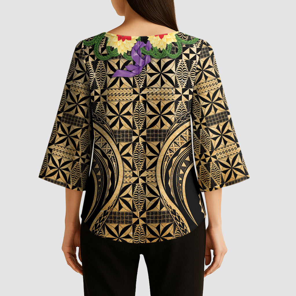 Grunge Gold Tonga Ngatu Kahoa Lei Kimono Sleeve Blouse LT14 - Polynesian Pride