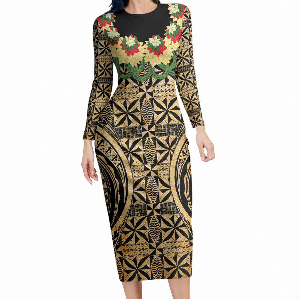 Grunge Gold Tonga Ngatu Kahoa Lei Long Sleeve Bodycon Dress