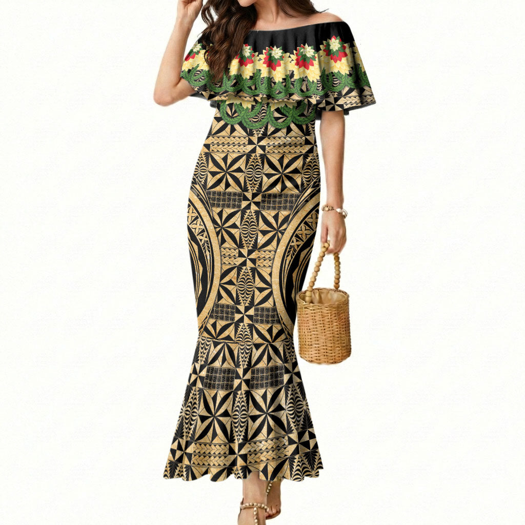 Grunge Gold Tonga Ngatu Kahoa Lei Mermaid Dress LT14 Women Gold - Polynesian Pride