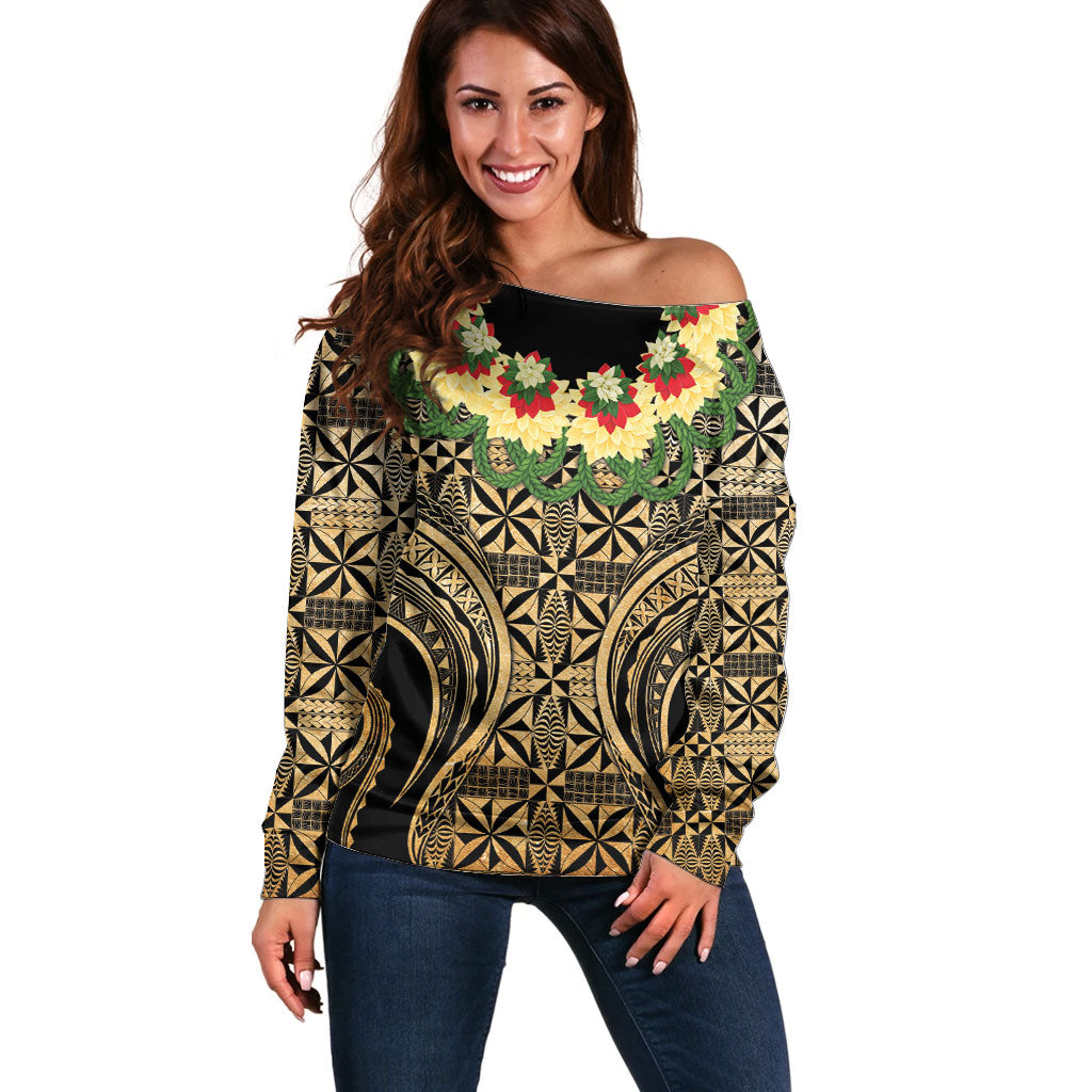 Grunge Gold Tonga Ngatu Kahoa Lei Off Shoulder Sweater LT14 Women Gold - Polynesian Pride
