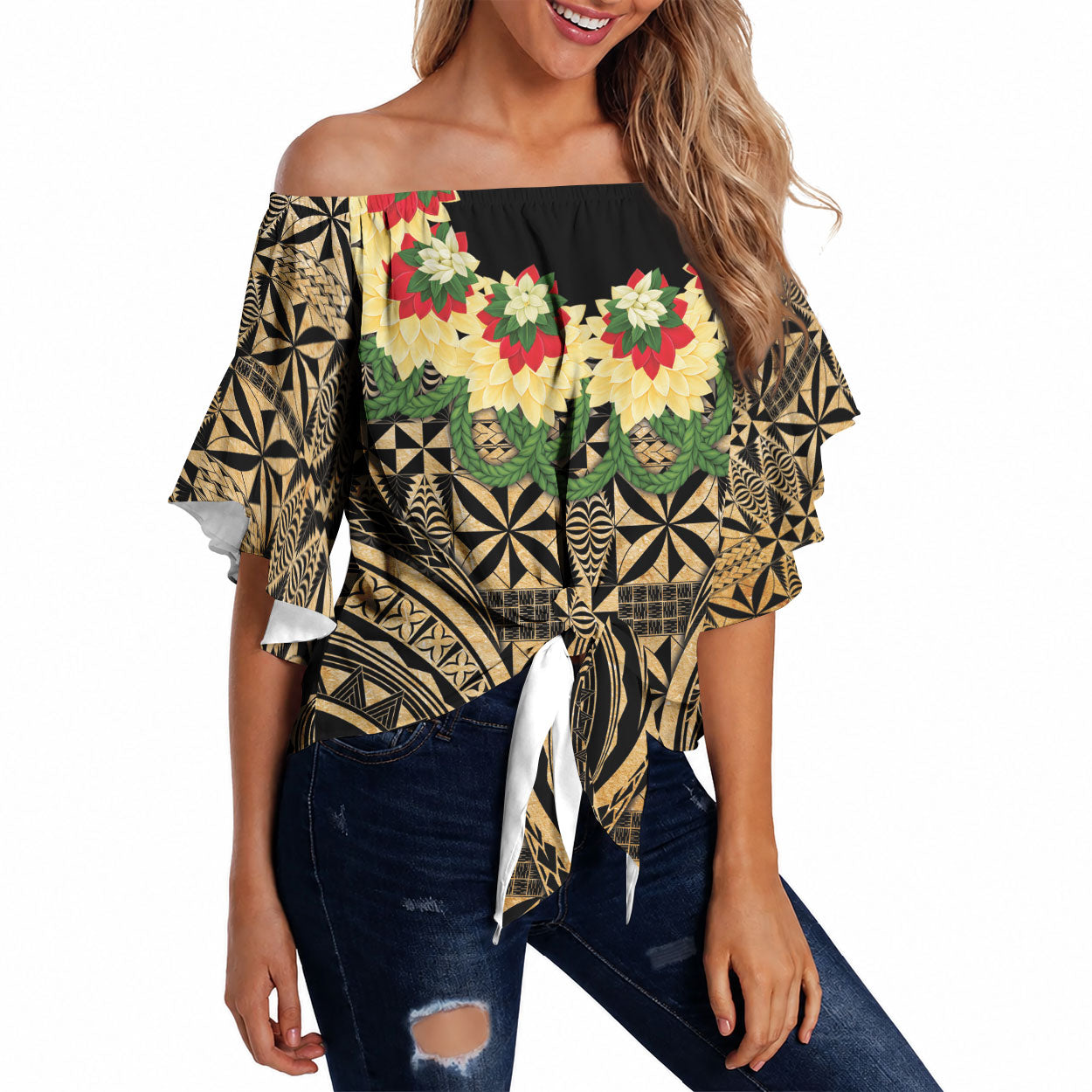 Grunge Gold Tonga Ngatu Kahoa Lei Off Shoulder Wrap Waist Top LT14 Gold - Polynesian Pride