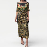 Grunge Gold Tonga Ngatu Kahoa Lei Puletasi LT14 Long Dress Gold - Polynesian Pride