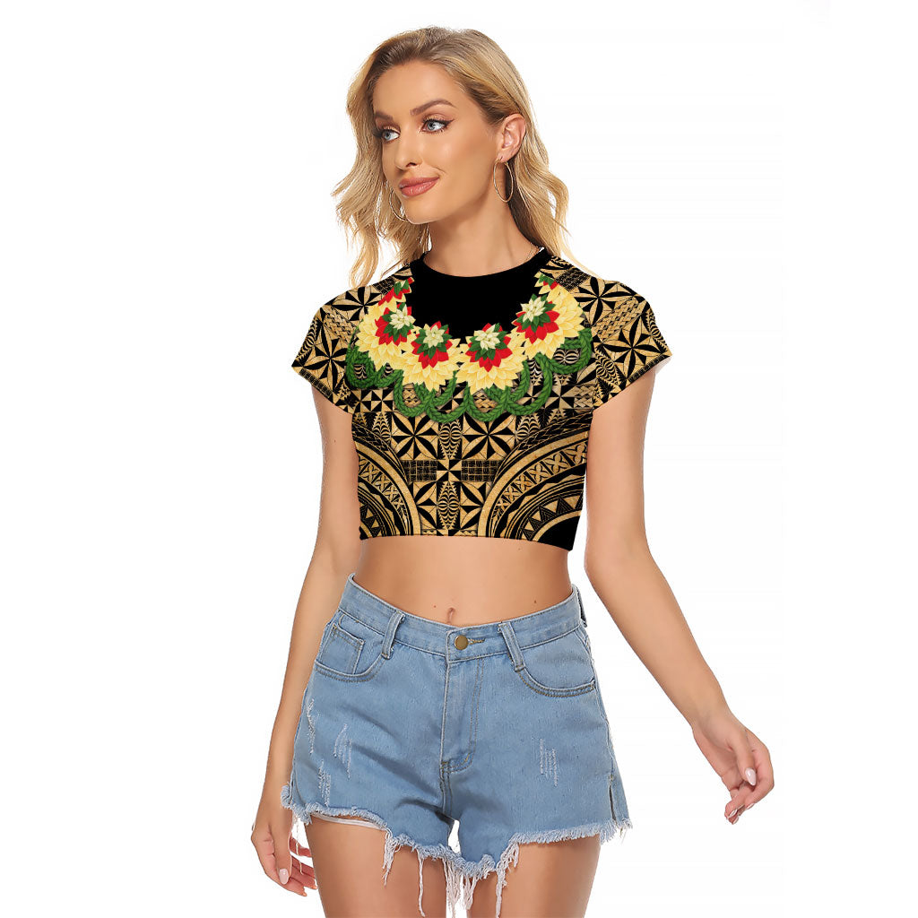 Grunge Gold Tonga Ngatu Kahoa Lei Raglan Cropped T Shirt LT14 Female Gold - Polynesian Pride
