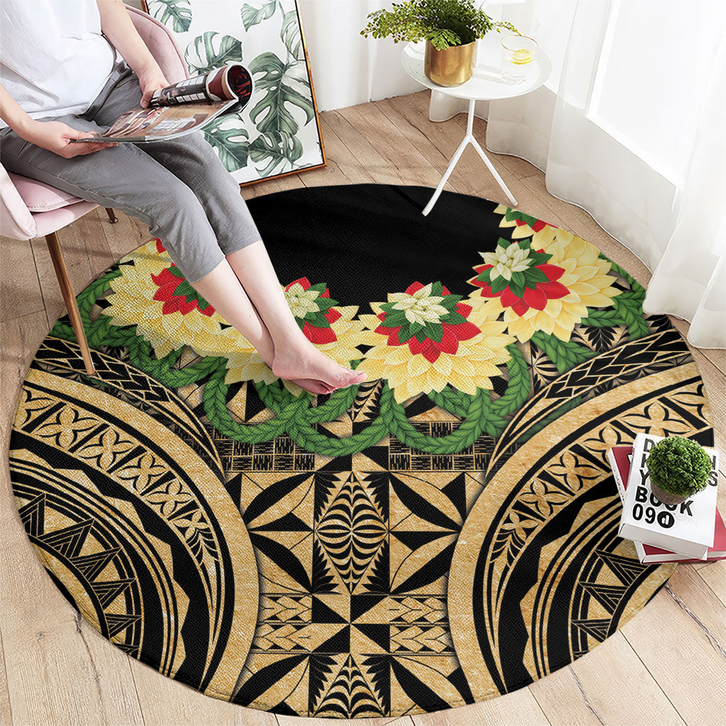 Grunge Gold Tonga Ngatu Kahoa Lei Round Carpet LT14 - Polynesian Pride