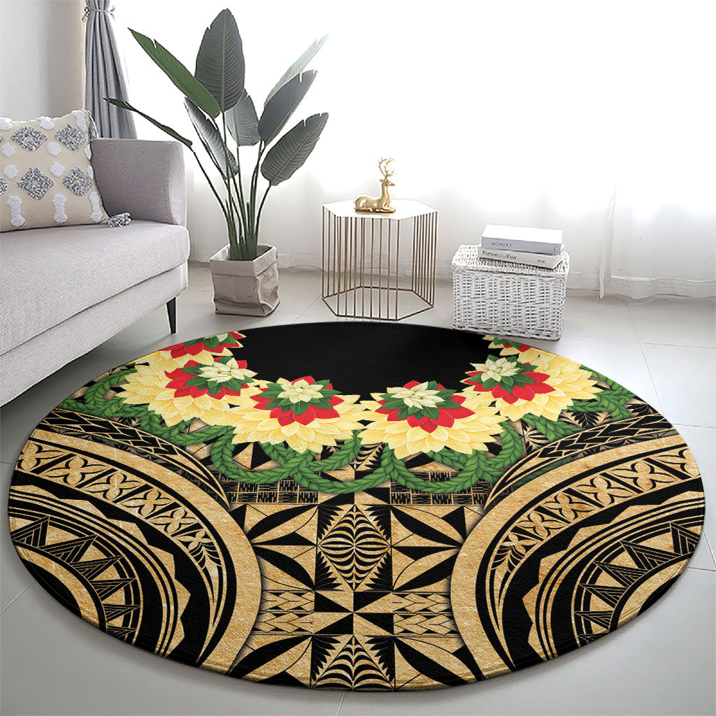 Grunge Gold Tonga Ngatu Kahoa Lei Round Carpet LT14 - Polynesian Pride