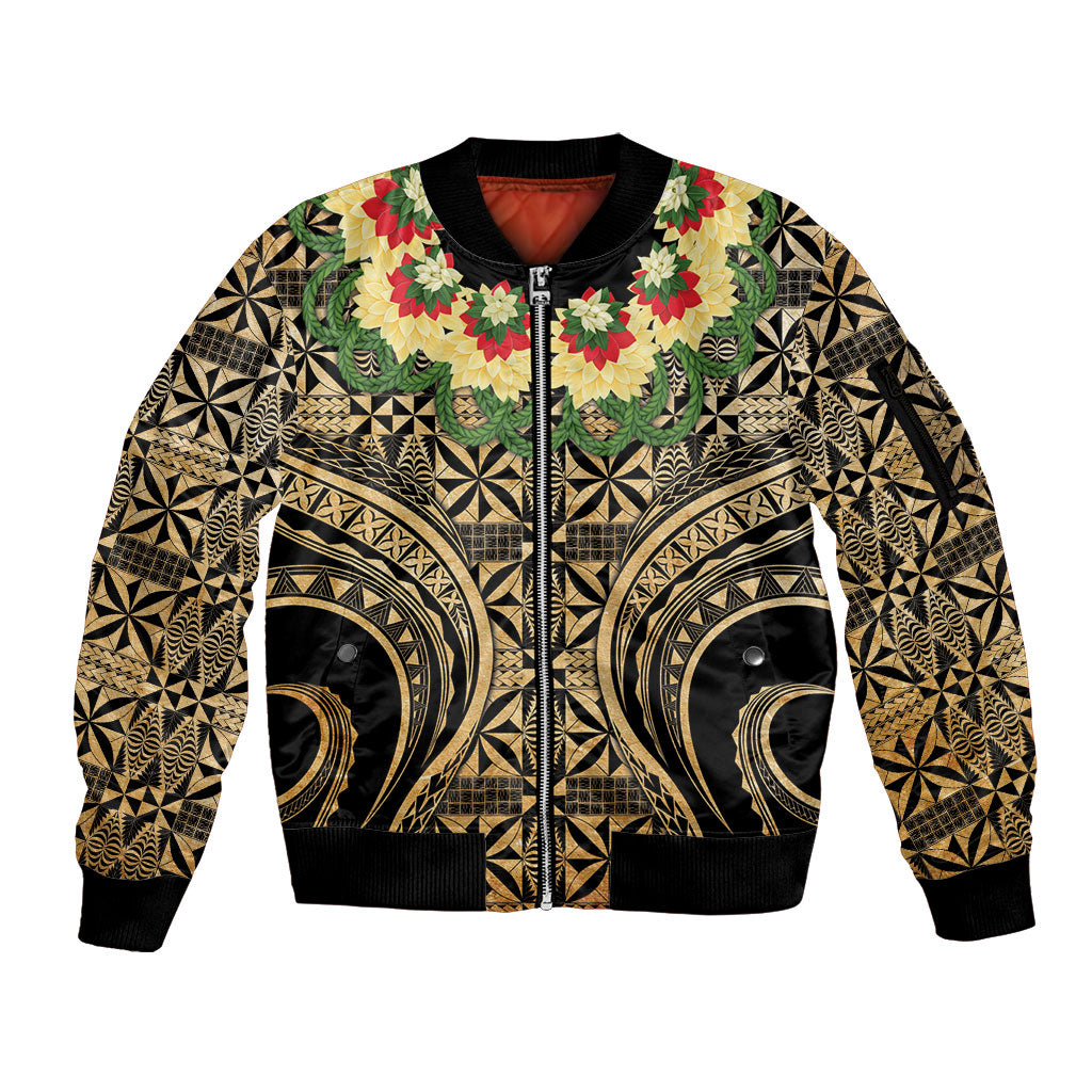 Grunge Gold Tonga Ngatu Kahoa Lei Sleeve Zip Bomber Jacket LT14 Unisex Gold - Polynesian Pride