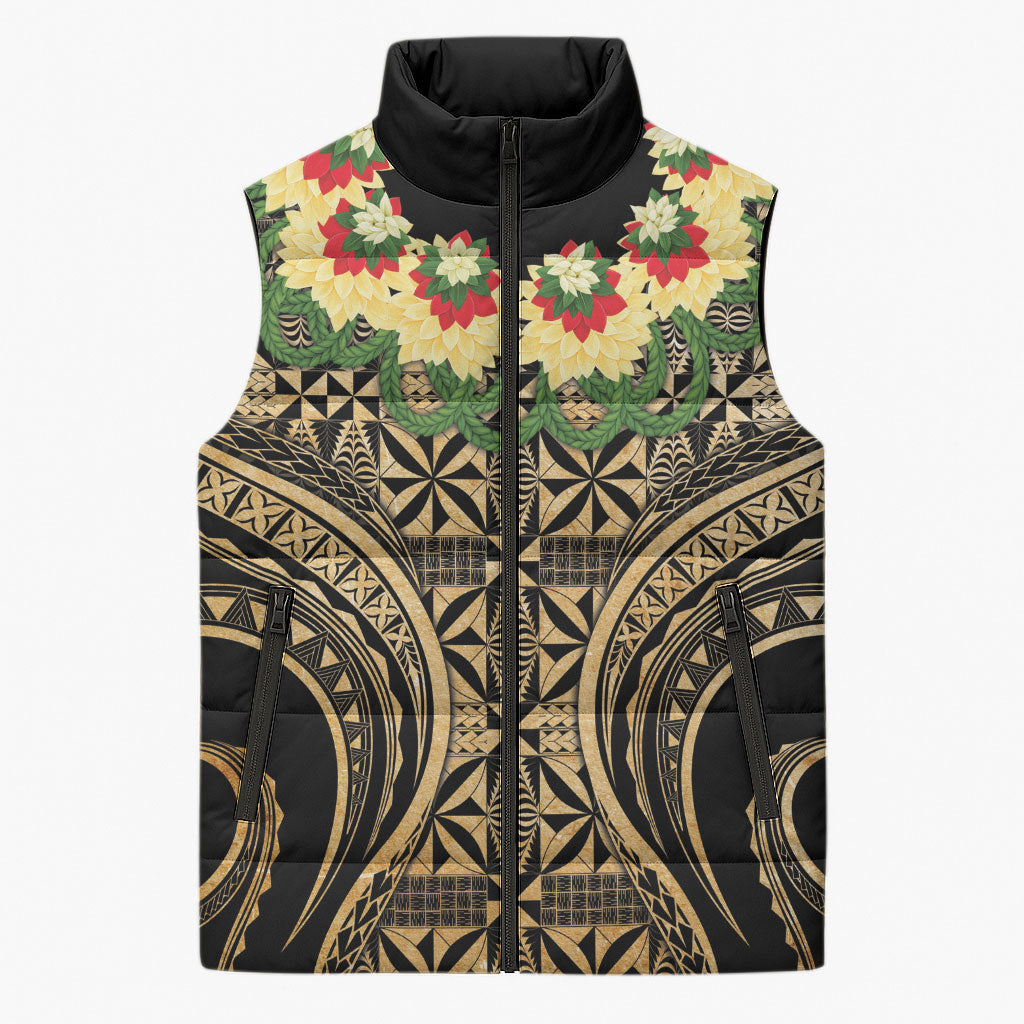 Grunge Gold Tonga Ngatu Kahoa Lei Sleeveless Puffer Jacket LT14 Unisex Gold - Polynesian Pride