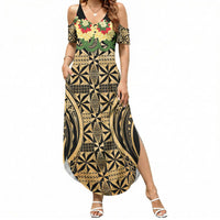 Grunge Gold Tonga Ngatu Kahoa Lei Summer Maxi Dress LT14 Women Gold - Polynesian Pride
