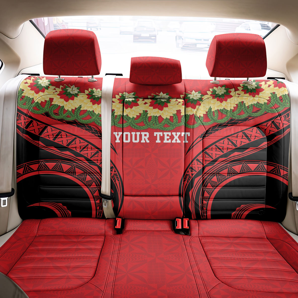 Personalised Red Tonga Ngatu Kahoa Lei Back Car Seat Cover LT14 - Polynesian Pride