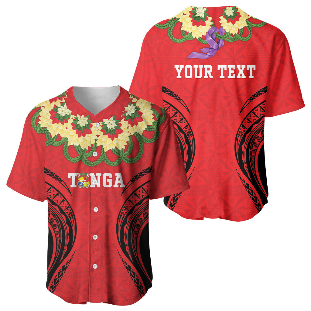 Personalised Red Tonga Ngatu Kahoa Lei Baseball Jersey LT14 - Polynesian Pride