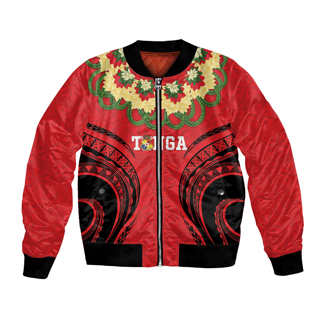 Personalised Red Tonga Ngatu Kahoa Lei Bomber Jacket LT14 Unisex Red - Polynesian Pride
