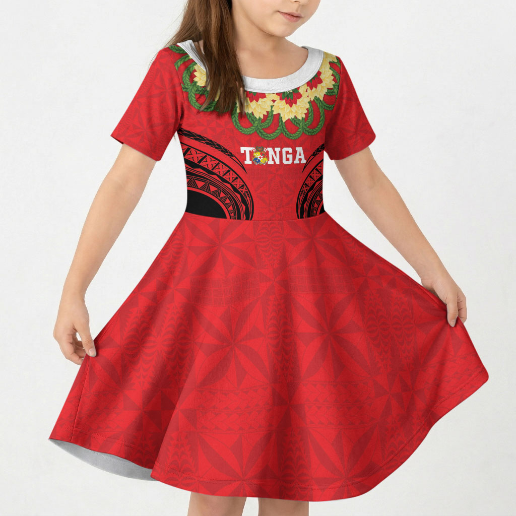 Personalised Red Tonga Ngatu Kahoa Lei Kid Short Sleeve Dress LT14 KID Red - Polynesian Pride