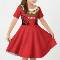 Personalised Red Tonga Ngatu Kahoa Lei Kid Short Sleeve Dress LT14 KID Red - Polynesian Pride