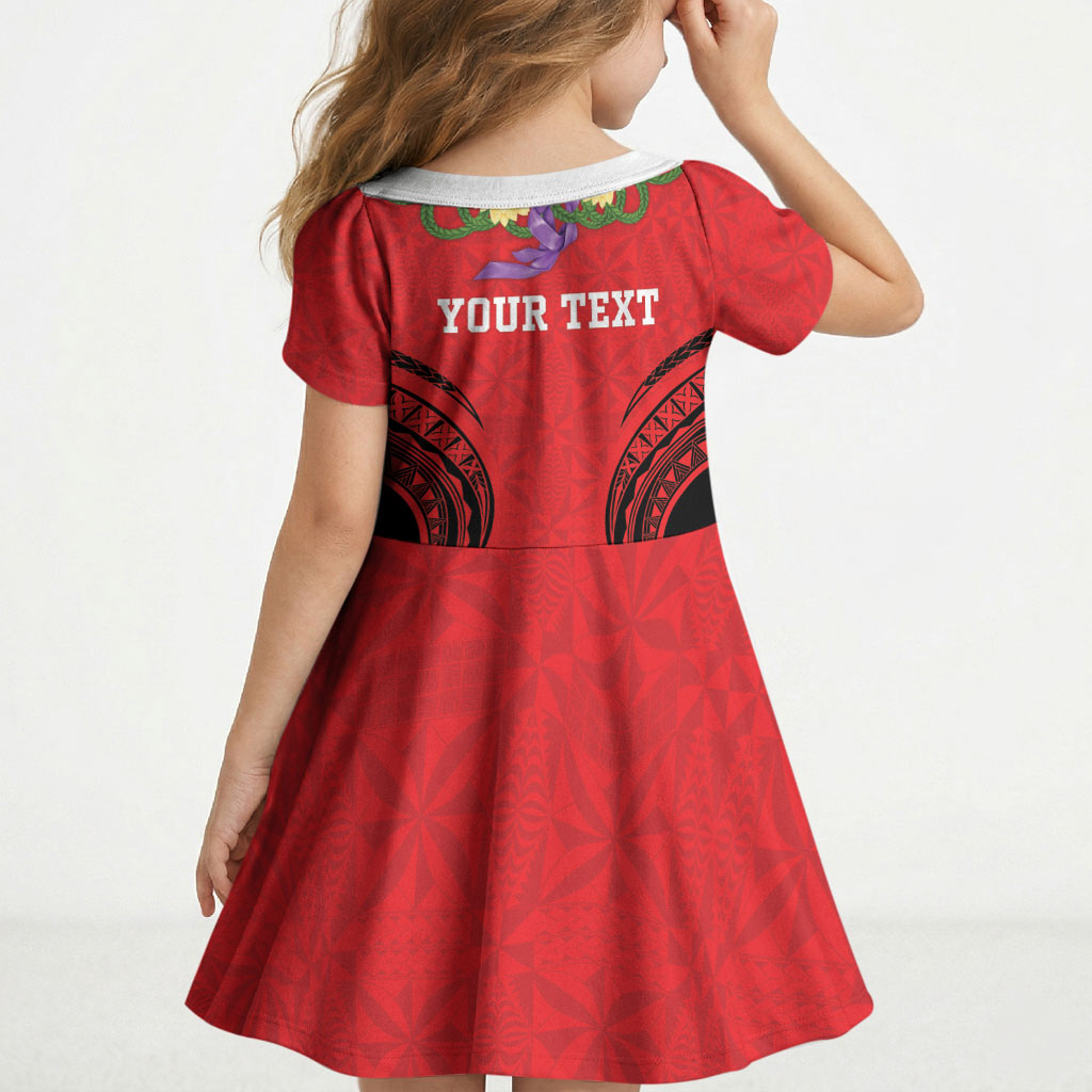 Personalised Red Tonga Ngatu Kahoa Lei Kid Short Sleeve Dress LT14 - Polynesian Pride