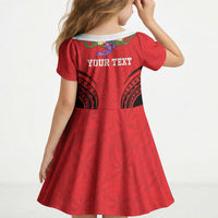 Personalised Red Tonga Ngatu Kahoa Lei Kid Short Sleeve Dress LT14 - Polynesian Pride