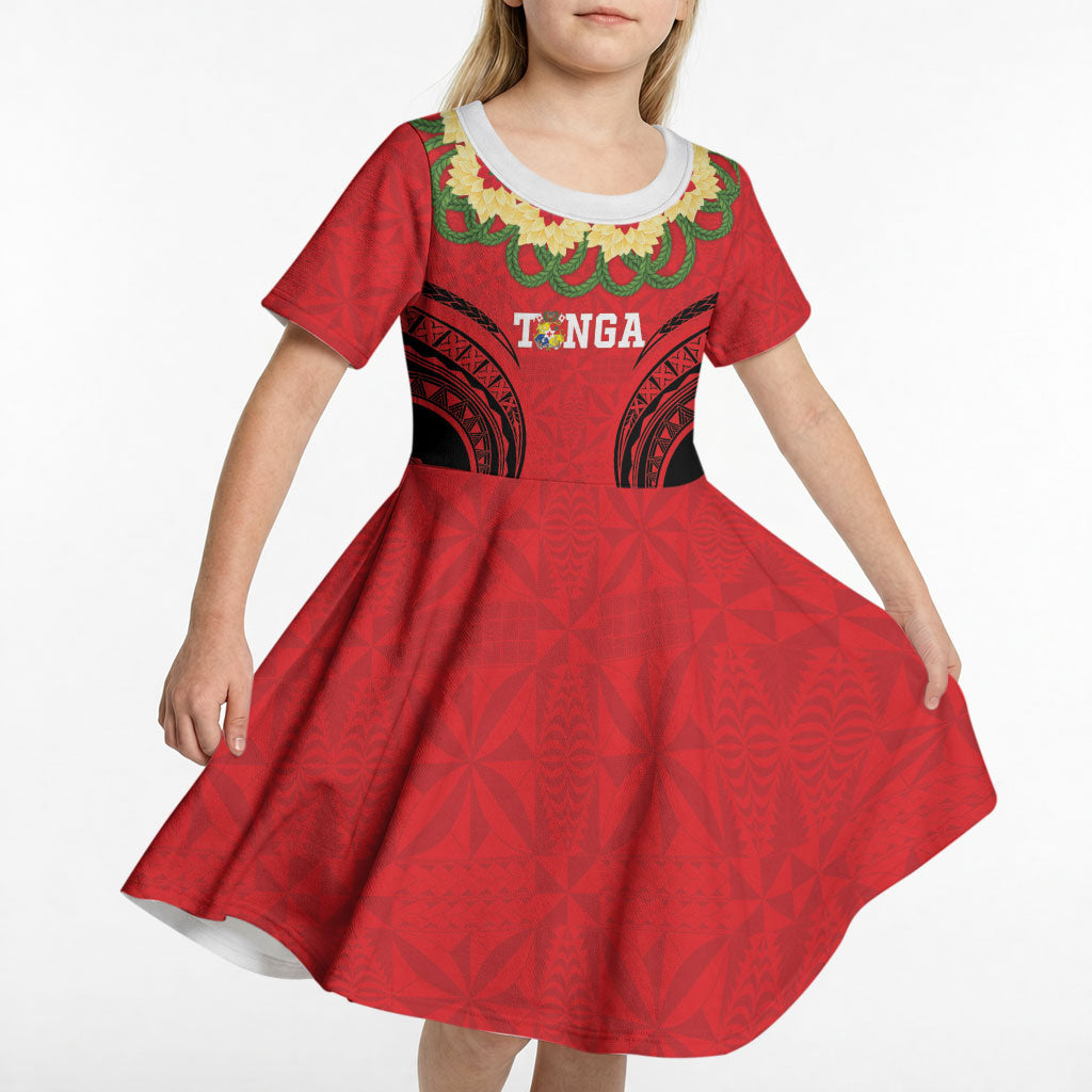 Personalised Red Tonga Ngatu Kahoa Lei Kid Short Sleeve Dress LT14 - Polynesian Pride