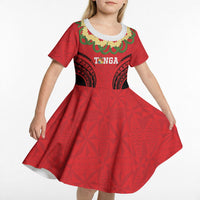 Personalised Red Tonga Ngatu Kahoa Lei Kid Short Sleeve Dress LT14 - Polynesian Pride
