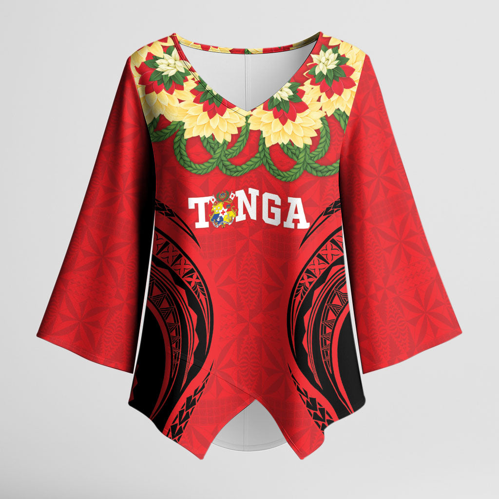 Personalised Red Tonga Ngatu Kahoa Lei Kimono Sleeve Blouse LT14 Female Red - Polynesian Pride