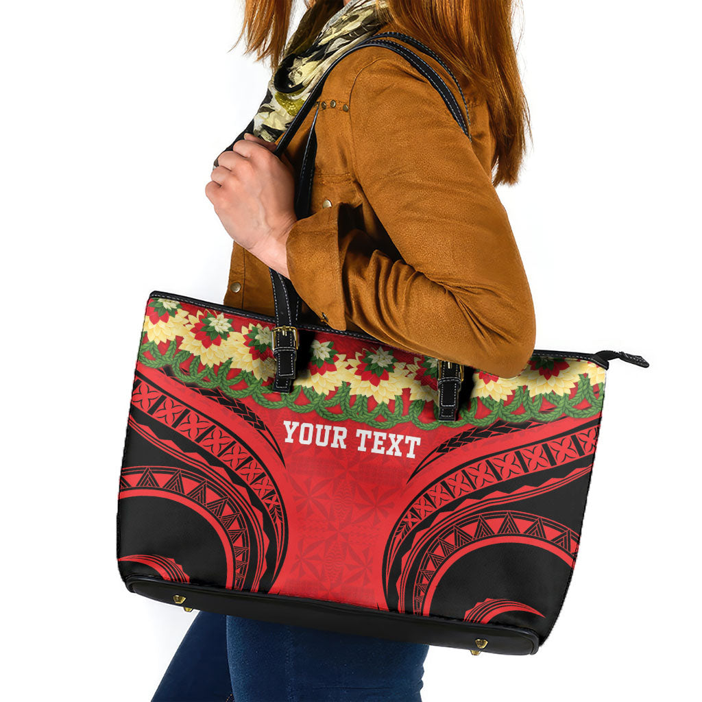 Personalised Red Tonga Ngatu Kahoa Lei Leather Tote Bag LT14 Red - Polynesian Pride