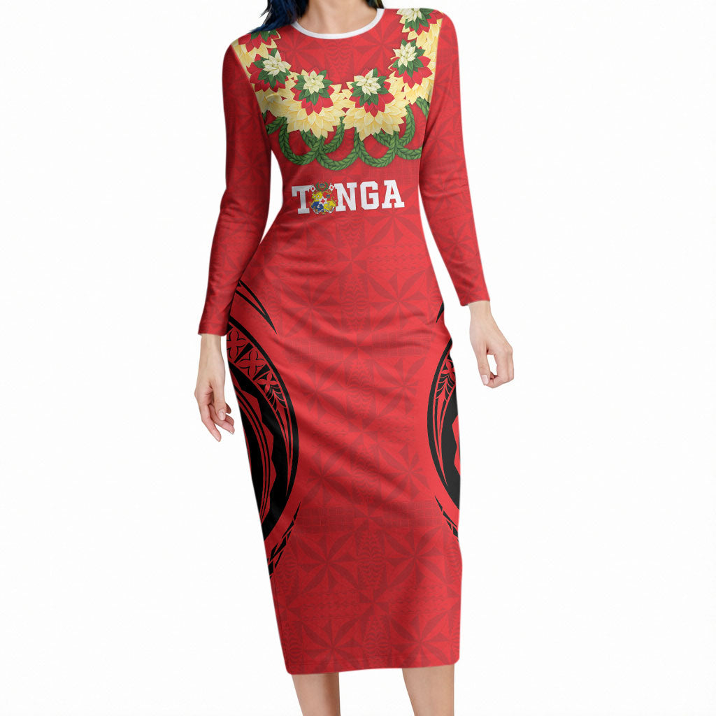 Personalised Red Tonga Ngatu Kahoa Lei Long Sleeve Bodycon Dress