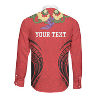 Personalised Red Tonga Ngatu Kahoa Lei Long Sleeve Button Shirt LT14 - Polynesian Pride