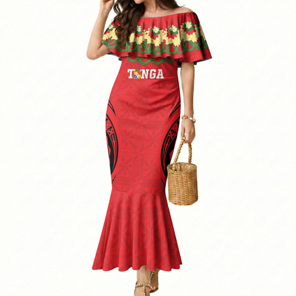 Personalised Red Tonga Ngatu Kahoa Lei Mermaid Dress LT14 Women Red - Polynesian Pride