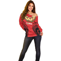 Personalised Red Tonga Ngatu Kahoa Lei Off Shoulder Sweater LT14 - Polynesian Pride