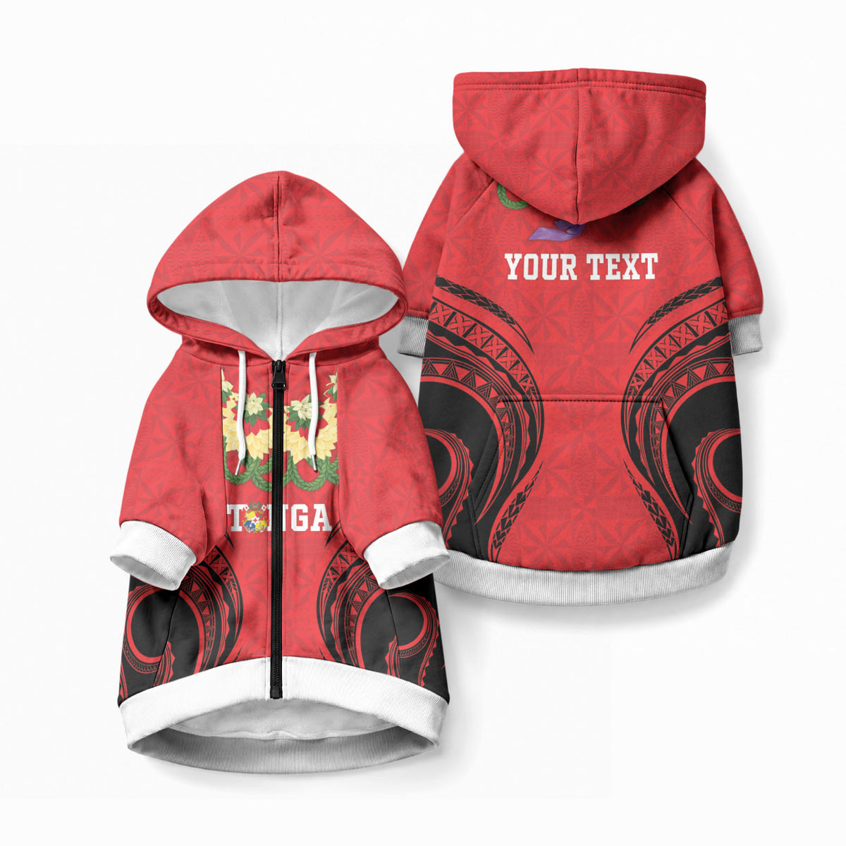 Personalised Red Tonga Ngatu Kahoa Lei Pet Hoodie LT14 Zip-up Red - Polynesian Pride