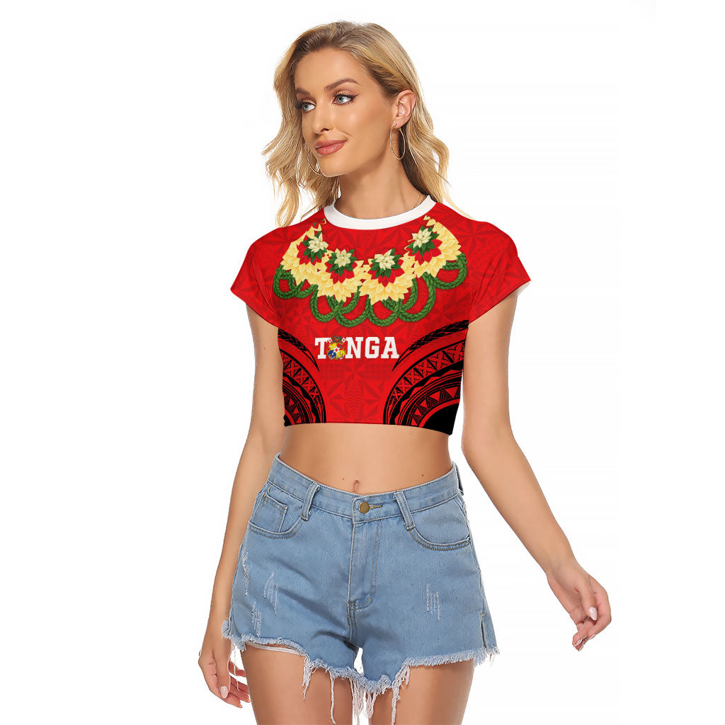 Personalised Red Tonga Ngatu Kahoa Lei Raglan Cropped T Shirt LT14 Female Red - Polynesian Pride