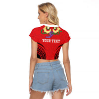 Personalised Red Tonga Ngatu Kahoa Lei Raglan Cropped T Shirt LT14 - Polynesian Pride
