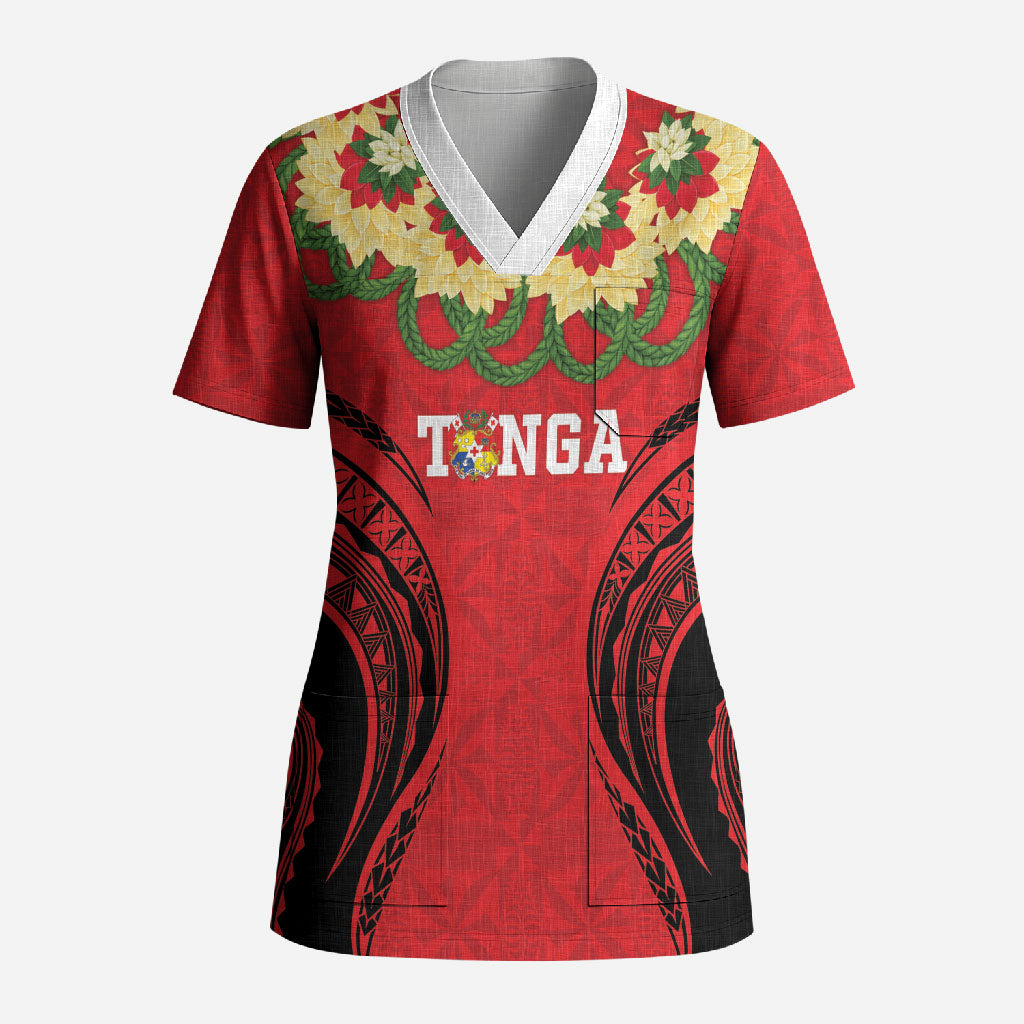 Personalised Red Tonga Ngatu Kahoa Lei Scrub Top LT14 Adult Red - Polynesian Pride