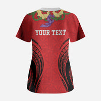 Personalised Red Tonga Ngatu Kahoa Lei Scrub Top LT14 - Polynesian Pride