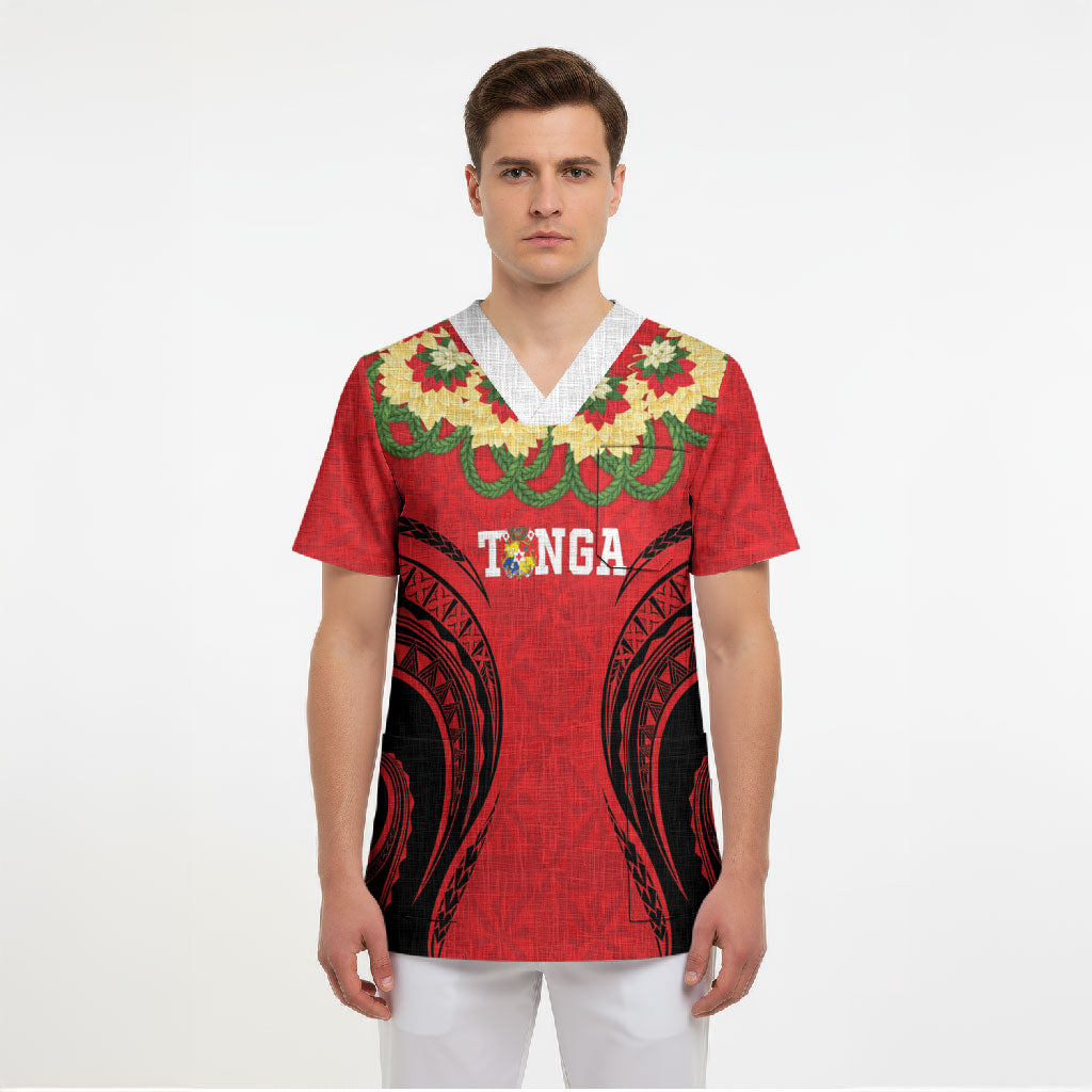 Personalised Red Tonga Ngatu Kahoa Lei Scrub Top LT14 - Polynesian Pride