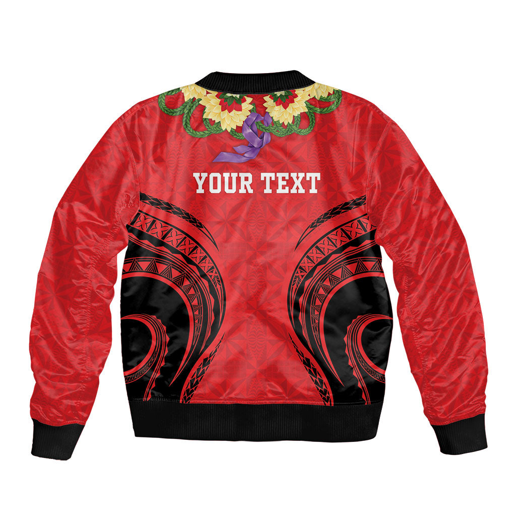 Personalised Red Tonga Ngatu Kahoa Lei Sleeve Zip Bomber Jacket LT14 - Polynesian Pride