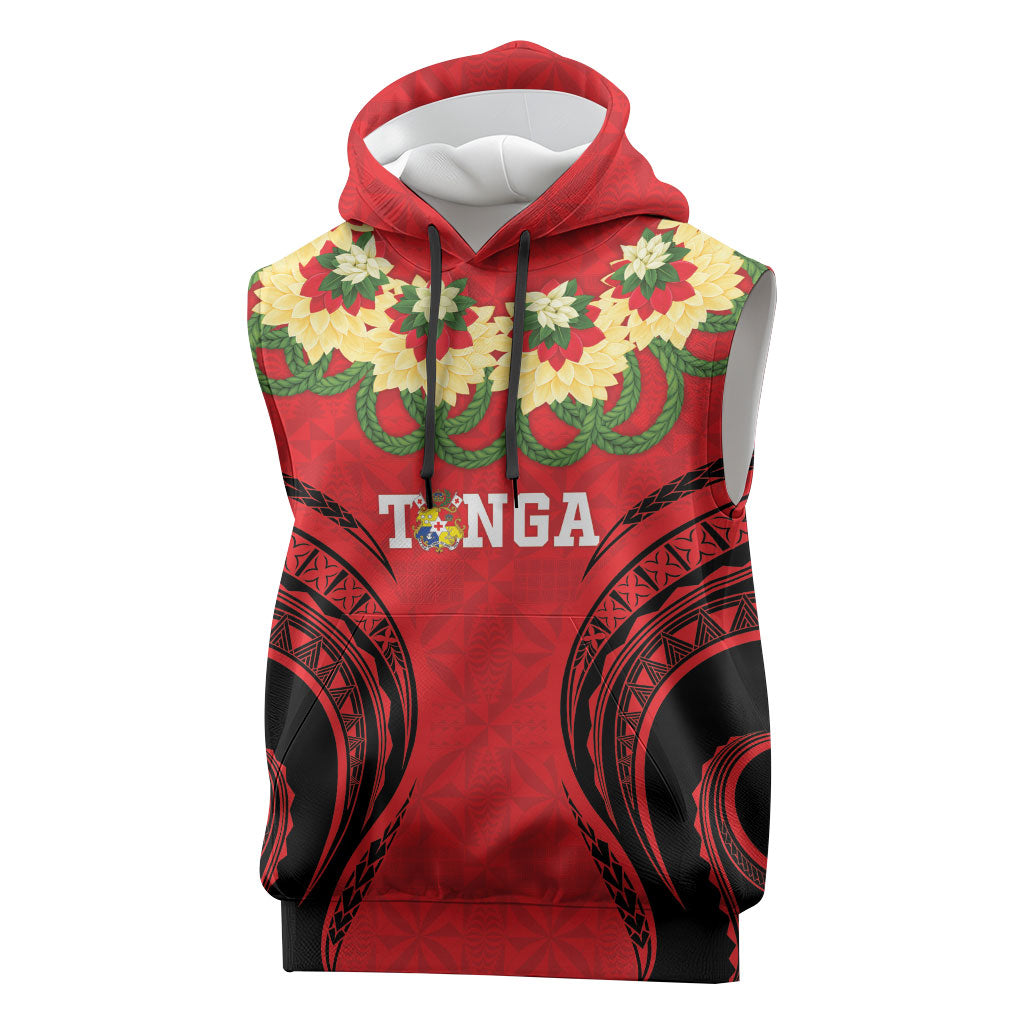 Personalised Red Tonga Ngatu Kahoa Lei Sleeveless Hoodie LT14 Red - Polynesian Pride