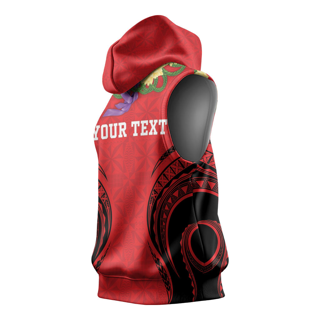 Personalised Red Tonga Ngatu Kahoa Lei Sleeveless Hoodie LT14 - Polynesian Pride