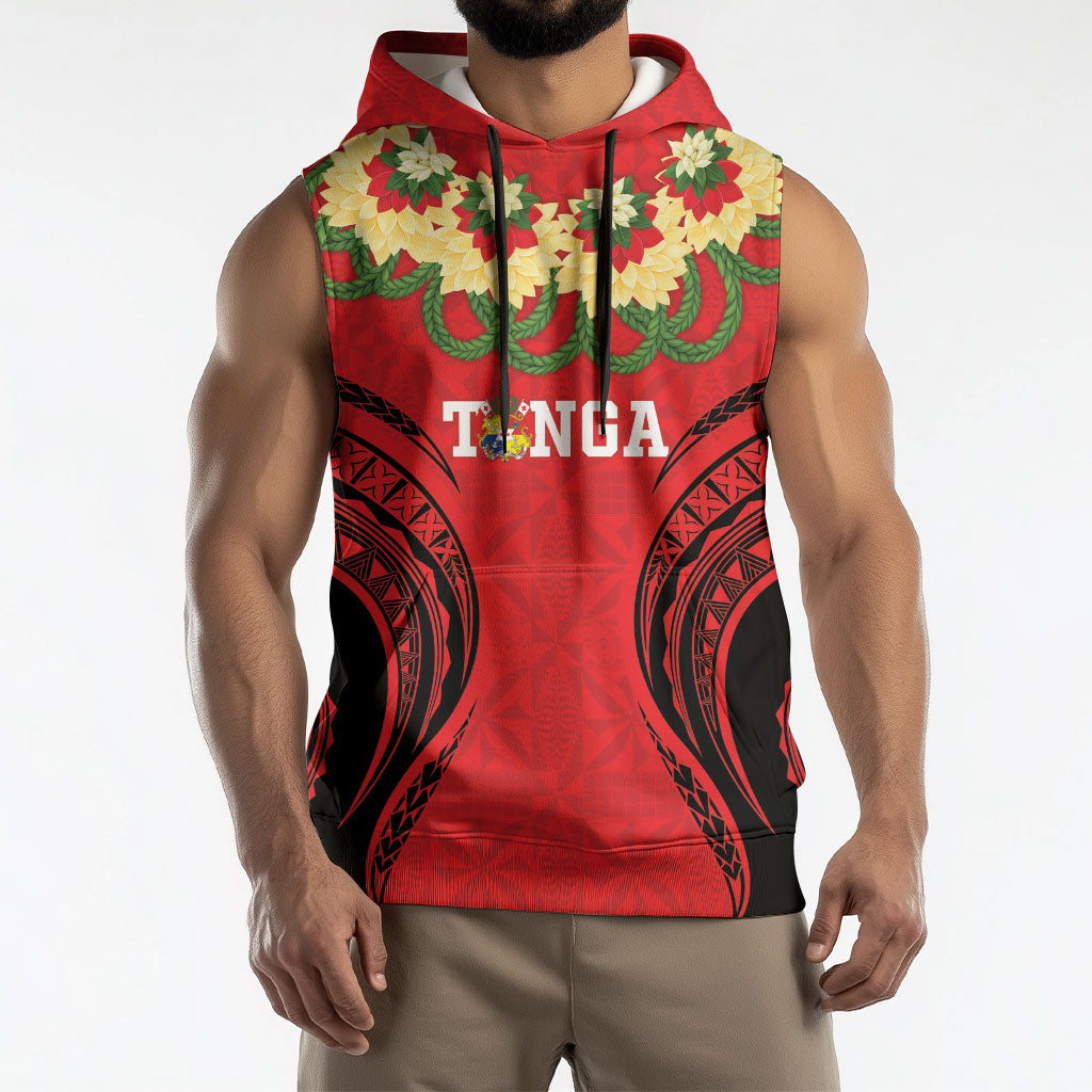 Personalised Red Tonga Ngatu Kahoa Lei Sleeveless Hoodie LT14 - Polynesian Pride