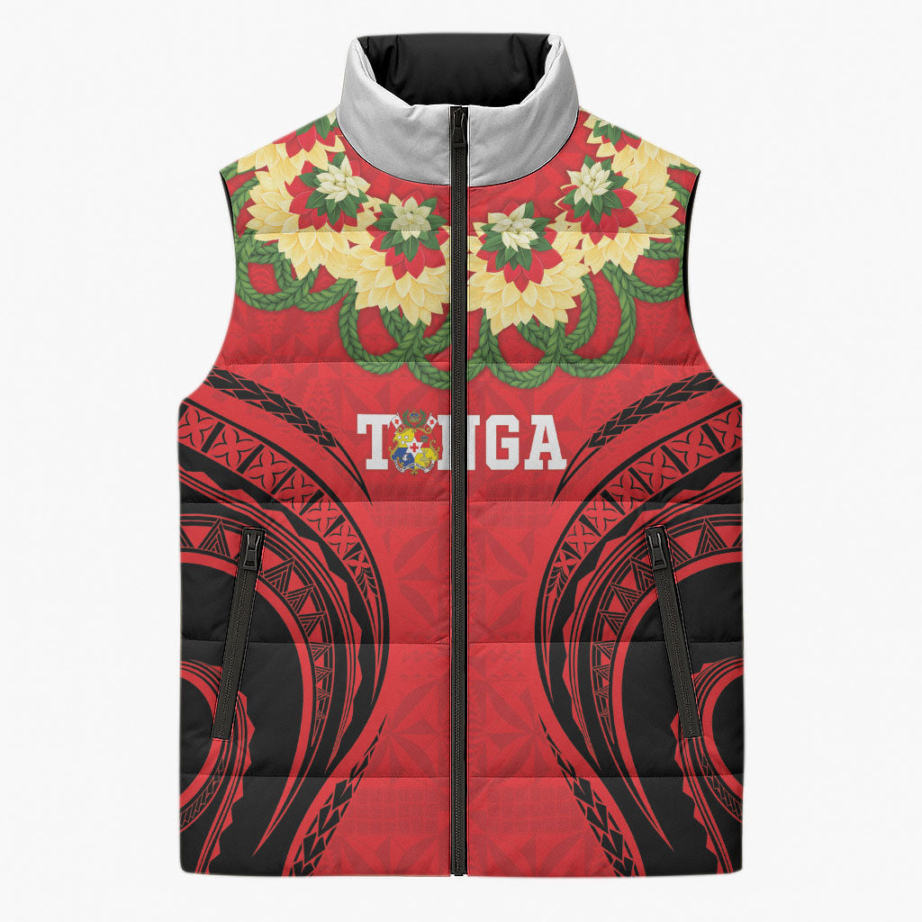 Personalised Red Tonga Ngatu Kahoa Lei Sleeveless Puffer Jacket LT14 Unisex Red - Polynesian Pride